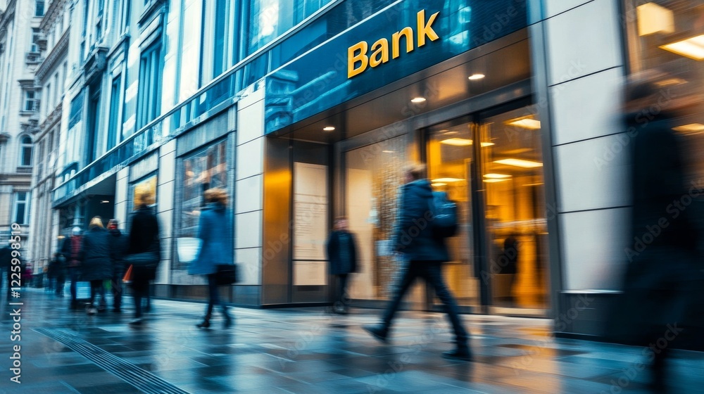 outside a bank office with people passing by with rapid effect outside a bank office with people passing by with rapid effect