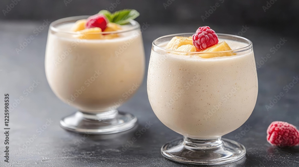 Creamy mango raspberry smoothie, summer drink, dark background Creamy mango raspberry smoothie, summer drink, dark background