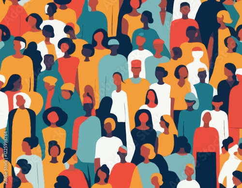 Colorful diverse people crowd abstract art seamless pattern. Multi-ethnic community, big cultural diversity group background illustration in modern collage painting style.