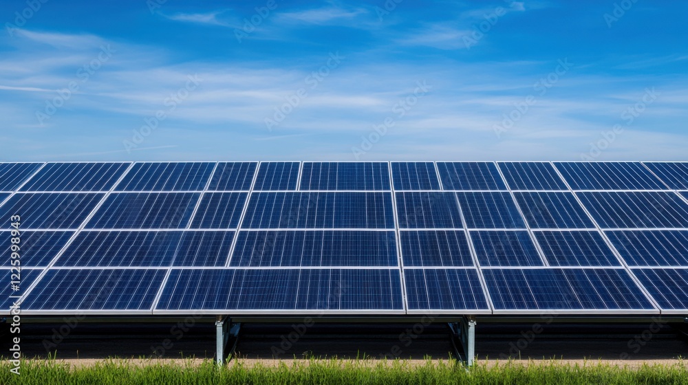 Solar Panels Capturing Sunlight on a Bright Day with Blue Sky and Green Grass in the Background Solar Panels Capturing Sunlight on a Bright Day with Blue Sky and Green Grass in the Background