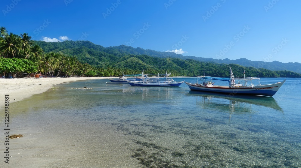 Fototapeta premium A line of small boats anchored near a serene beach with clear waters.