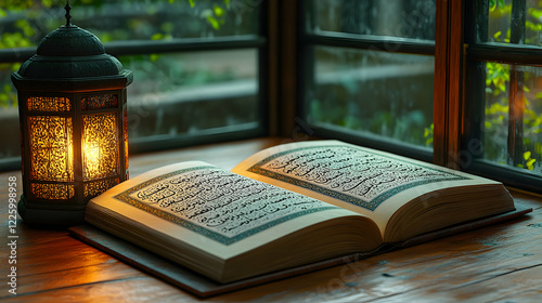Quran open on wooden table, lantern light, rainy window. Ramadan, faith, peace, spirituality, Islam photo