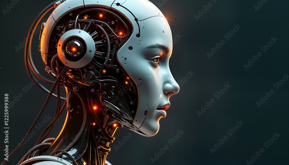AI woman with robot head. Futuristic illustration of human tech fusion. Profile view of cyborg with visible tech components. Innovative, three-dimensional image. Possible use in tech sci-fi magazines AI woman with robot head. Futuristic illustration of human tech fusion. Profile view of cyborg with visible tech components. Innovative, three-dimensional image. Possible use in tech sci-fi magazines
