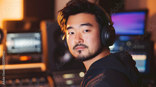 Portrait of a music producer wearing headphones and working with audio equipment in a recording studio photo