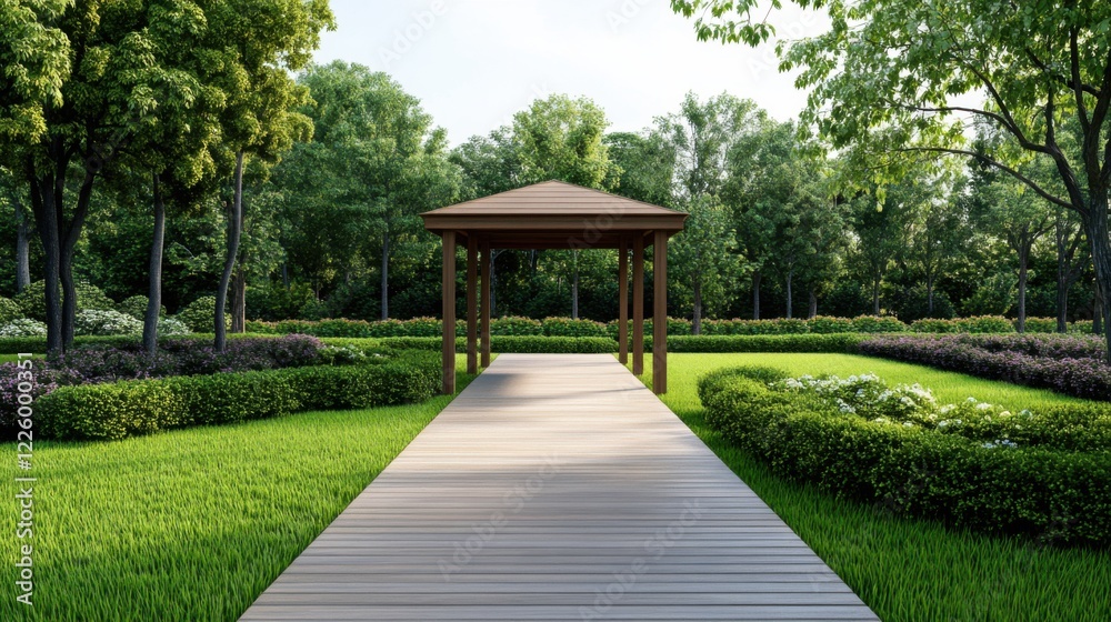 Serene Garden Path Leading to Wooden Pavilion Surrounded by Lush Greenery and Colorful Flowers in Park Serene Garden Path Leading to Wooden Pavilion Surrounded by Lush Greenery and Colorful Flowers in Park