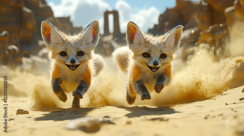 Fototapeta premium Two Baby Fennec Foxes Running Through a Dramatic Desert