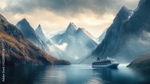 Wallpaper Mural Cruise ship anchored near a fjord surrounded by towering mountains. Torontodigital.ca