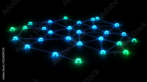 Glowing network nodes in blue and green, symbolizing digital security and interconnected technology