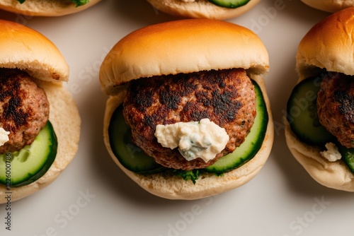 top-down view of scene is product photography setup with studio lighting featuring sliders with grilled lamb patties