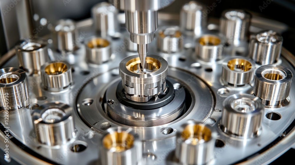 Detailed view of a machine assembling intricate mechanical components with high precision. Detailed view of a machine assembling intricate mechanical components with high precision.