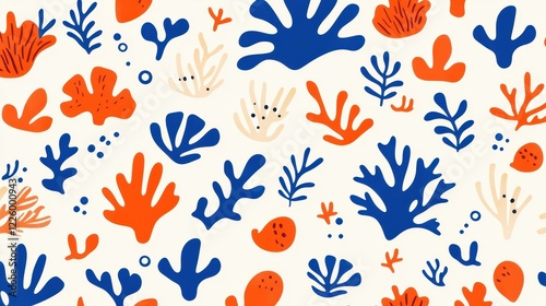 Dive into vibrant underwater scenes with this seamless coral pattern, featuring handdrawn designs in stunning blue and orange hues. photo