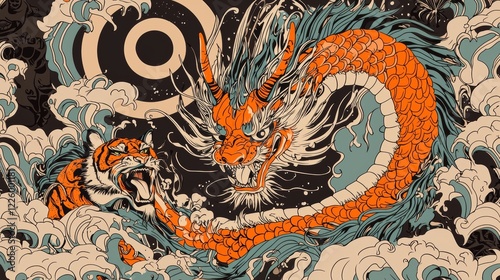 Traditional Japanese dragon with tiger, yin-yang symbols in background, hand-drawn intricate tattoo vector photo