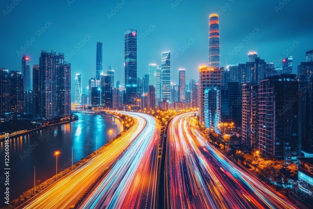 City skyline illuminated at night with vibrant traffic along the river bank City skyline illuminated at night with vibrant traffic along the river bank