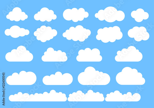 Flat cloud. Simple cloudy shapes. Cartoon white puffy, fluffy and cumulus clouds in blue sky. Abstract comic weather elements. Objects cloudscape for game. Vector collection.