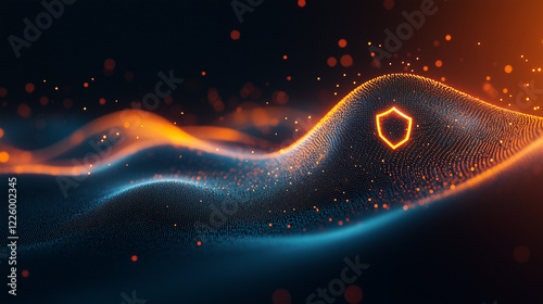 Glowing shield icon surrounded by digital particles, symbolizing robust data protection in a digital world