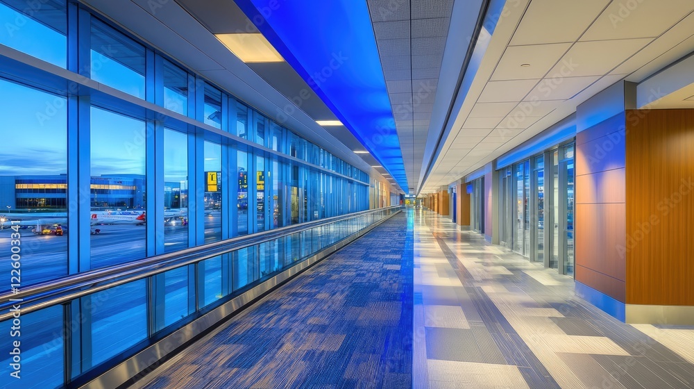 Fototapeta premium Moving walkway inside an empty airport hallway with bright lighting.