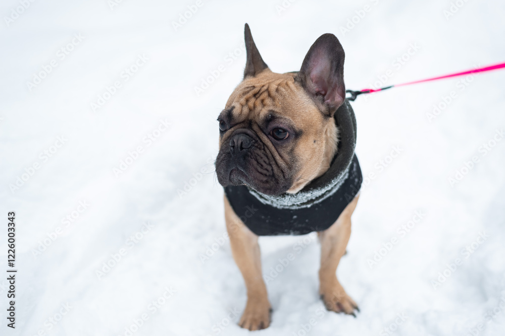French Bulldog in Cozy Jacket Enjoying Winter Snow Day French Bulldog in Cozy Jacket Enjoying Winter Snow Day