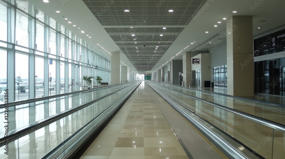 Moving walkway inside an empty airport hallway with bright lighting. Moving walkway inside an empty airport hallway with bright lighting.