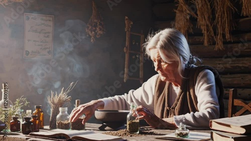 Elderly herbalist reading ancient recipes in her rustic workshop, illuminated by sunlight, surrounded by herbs, bottles and a mortar, creating a natural remedy with dried seeds