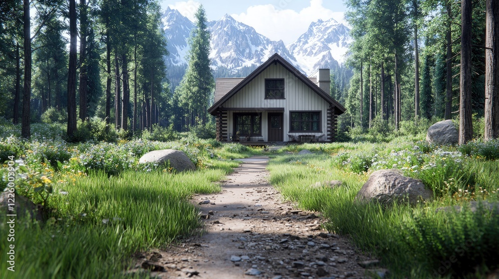 Mountain cabin path wildflowers sunny day Mountain cabin path wildflowers sunny day