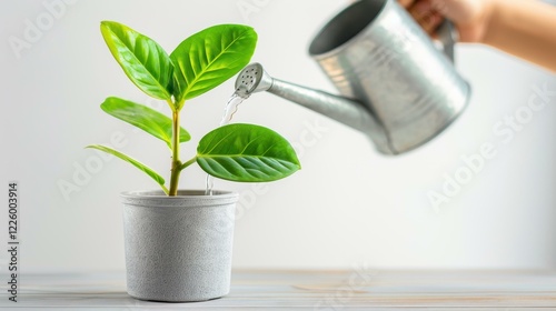 A dedicated individual carefully waters a small green plant in a cozy home office, nurturing growth and tranquility. photo