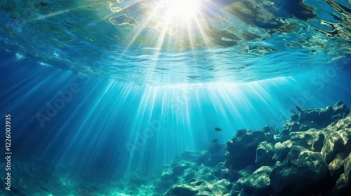 Fototapeta Naklejka Na Ścianę i Meble -  Sunlight sparkles on blue ocean waves, revealing clear waters beneath in a perfect summer scene.