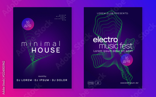 Night Club Magazine. Pink Fest Design. Soundwave Radio Invitation. Violet Dance Event. Discotheque Poster. Trance Cover. Party Electro Graphic. Green Night Club Magazine