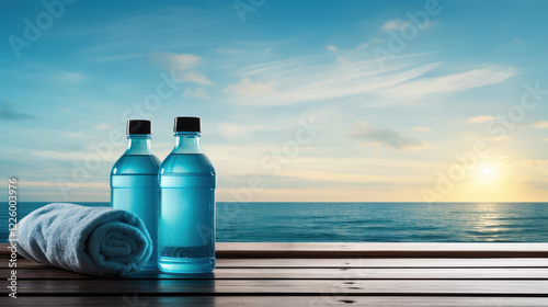 Sport footwear, a towel, and a water bottle sit on a wooden table, framed by a stunning sunset landscape.