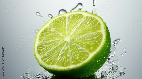 Fresh and zesty lime slices with dew drops, complemented by vibrant green leaves on a  white backdrop.