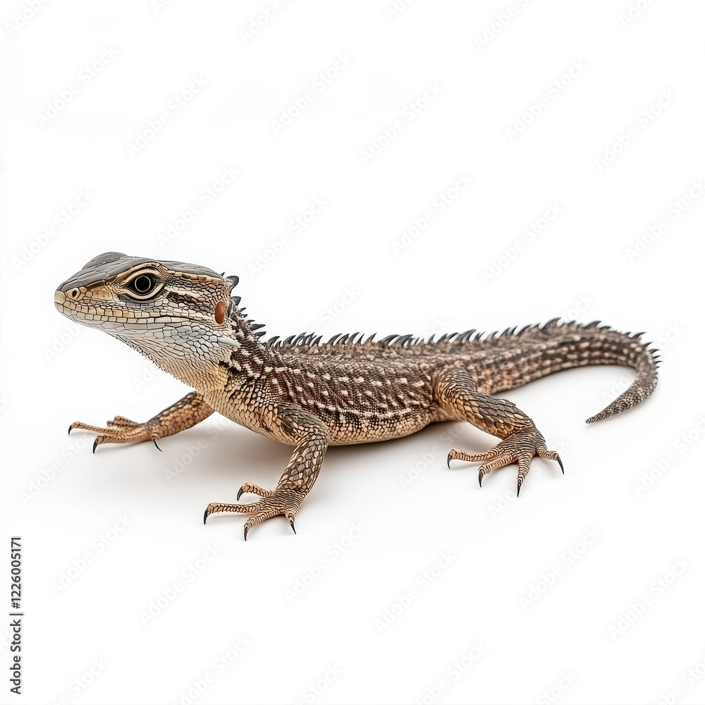 Fototapeta premium Juvenile lizard, brown and tan scales, isolated on white.