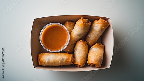 top-down view of paper tray filled with crispy fried spring rolls and tangy dipping sauce illuminated by bright and photo