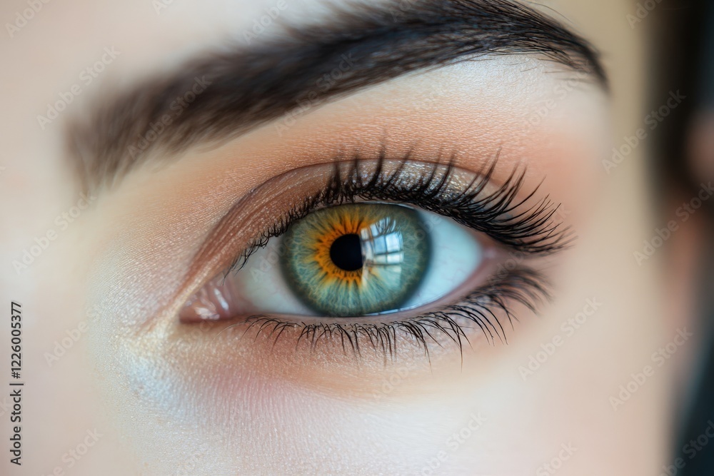 Close-up of a human eye showcasing intricate details of the iris, eyelashes, and reflections in the pupil during natural lighting Close-up of a human eye showcasing intricate details of the iris, eyelashes, and reflections in the pupil during natural lighting