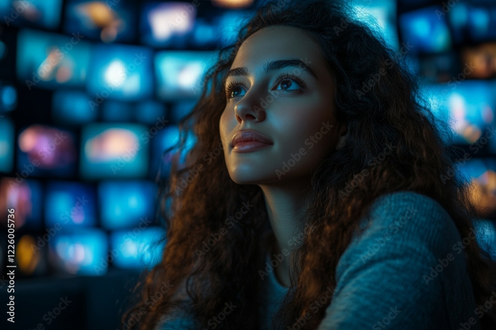 Thoughtful woman reflecting on multiple screens in a dimly lit room during the evening hours Thoughtful woman reflecting on multiple screens in a dimly lit room during the evening hours