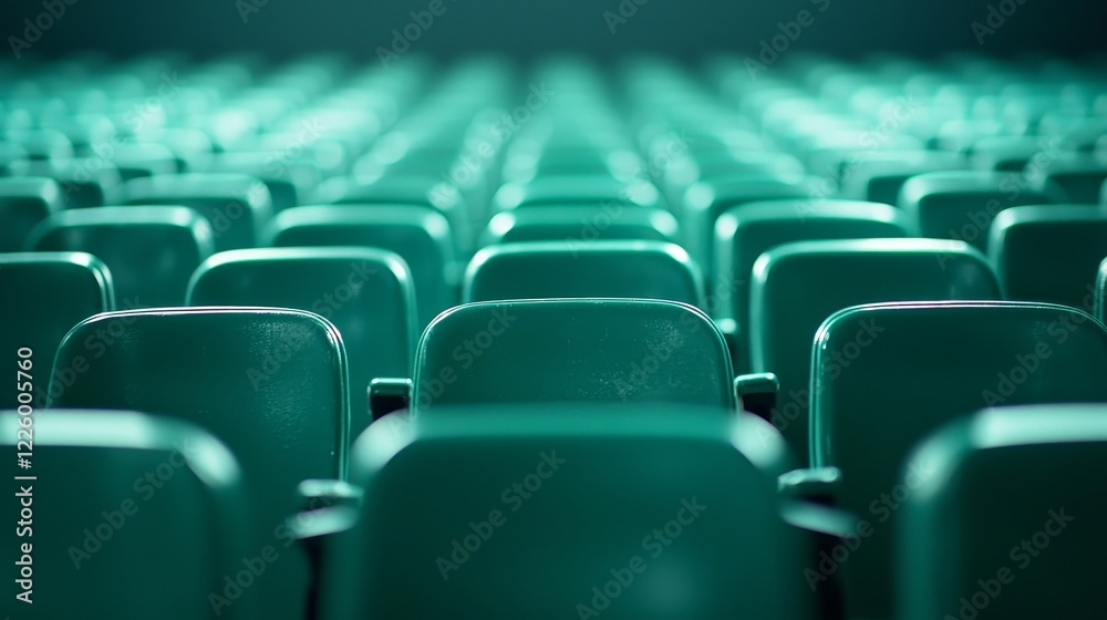 Fototapeta premium Softly blurred image of empty green theater chairs, aligned perfectly, evoking a quiet and abandoned mood with vintage charm
