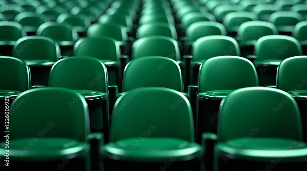 Naklejka premium Softly blurred image of empty green theater chairs, aligned perfectly, evoking a quiet and abandoned mood with vintage charm