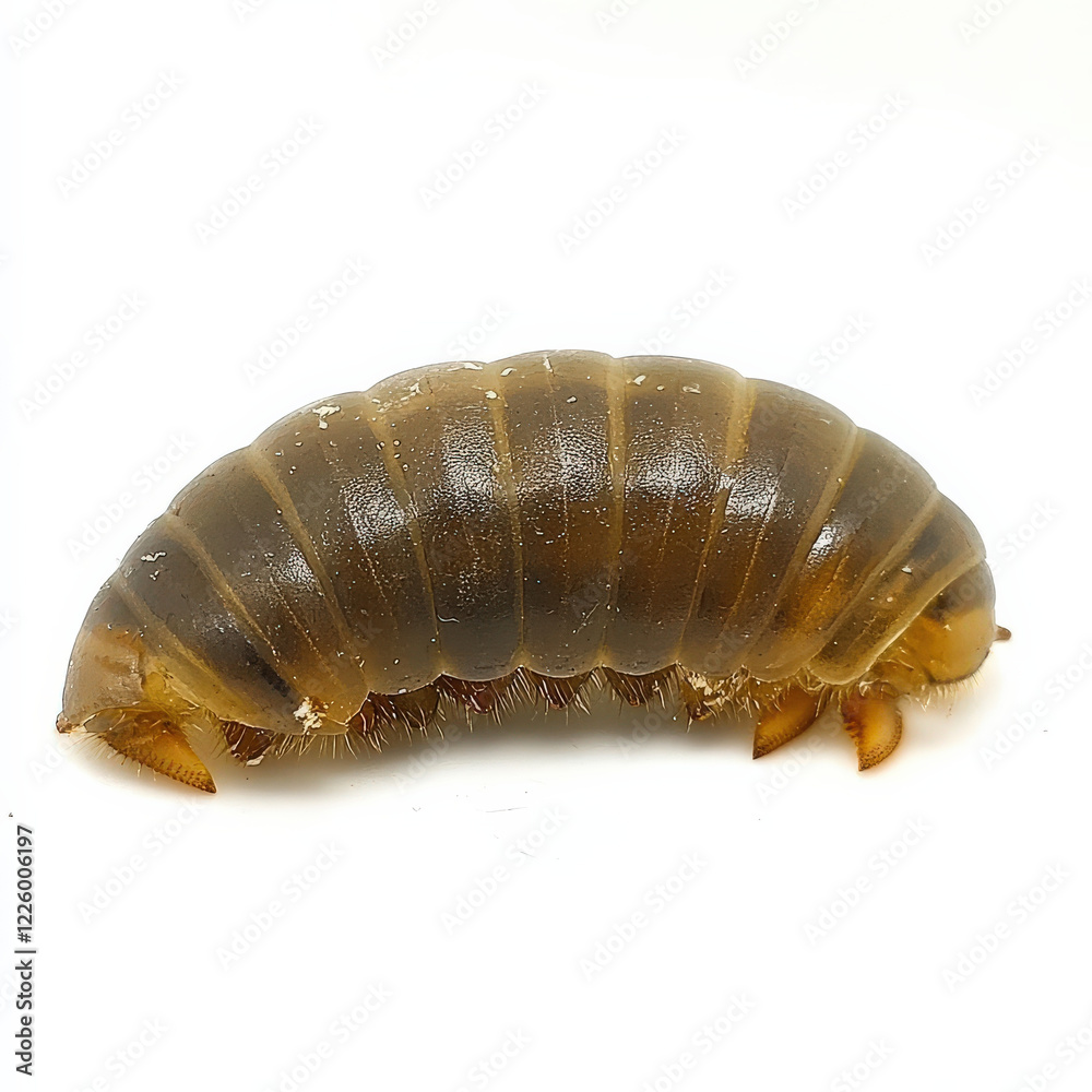 Close-up of a segmented, brown larva on white. Close-up of a segmented, brown larva on white.