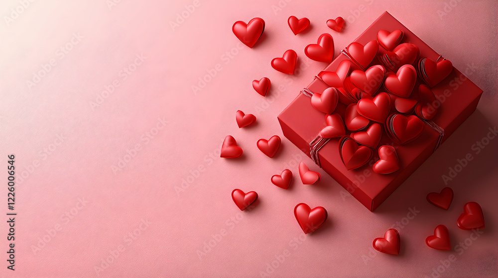 Red gift box overflowing with hearts; Valentine's Day; pink background; romantic gift Red gift box overflowing with hearts; Valentine's Day; pink background; romantic gift