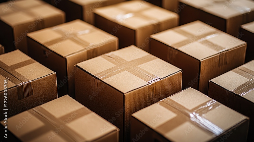 Fototapeta premium Warehouse Cardboard Boxes Stacked, Shipping Logistics