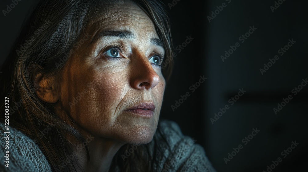 Older woman with worried look in dim lighting. Older woman with worried look in dim lighting.