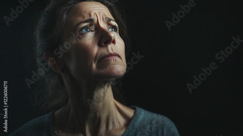 Woman looking upward with a concerned expression in dark background.