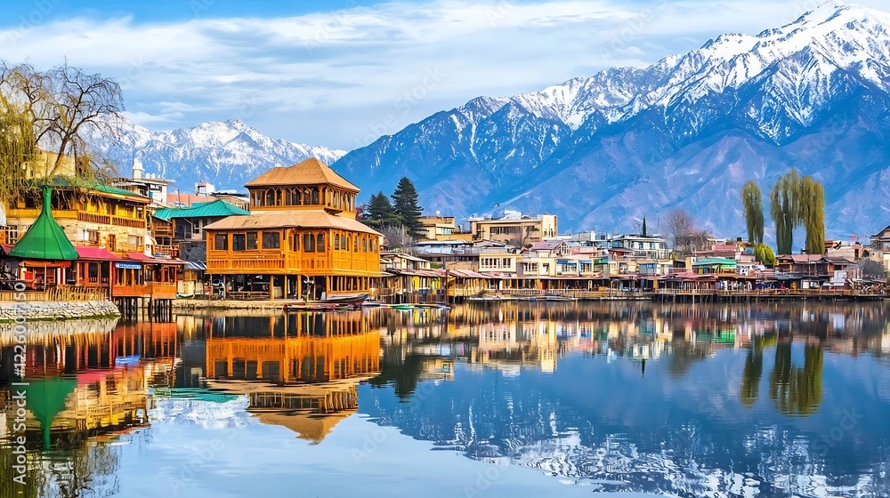 Fototapeta premium Picturesque lakeside town with wooden buildings and a stunning mountain backdrop