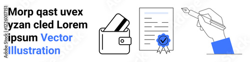 Digital wallet with cards, official document with a seal, and hand signing with pen. Ideal for finance, legal, business agreements, digital transactions, e-wallets, document verification