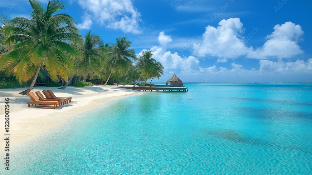 Tropical beach paradise with palm trees, loungers, and a wooden pier under a bright blue sky for vacation and travel inspiration Tropical beach paradise with palm trees, loungers, and a wooden pier under a bright blue sky for vacation and travel inspiration