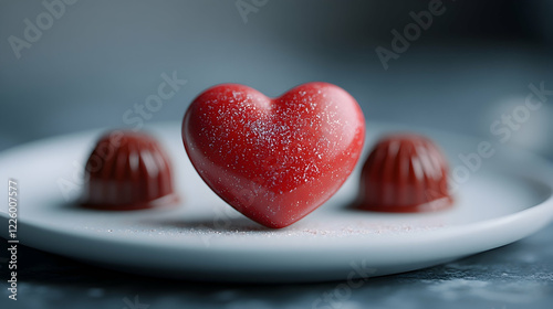 Red heart chocolate and two bonbons on plate photo