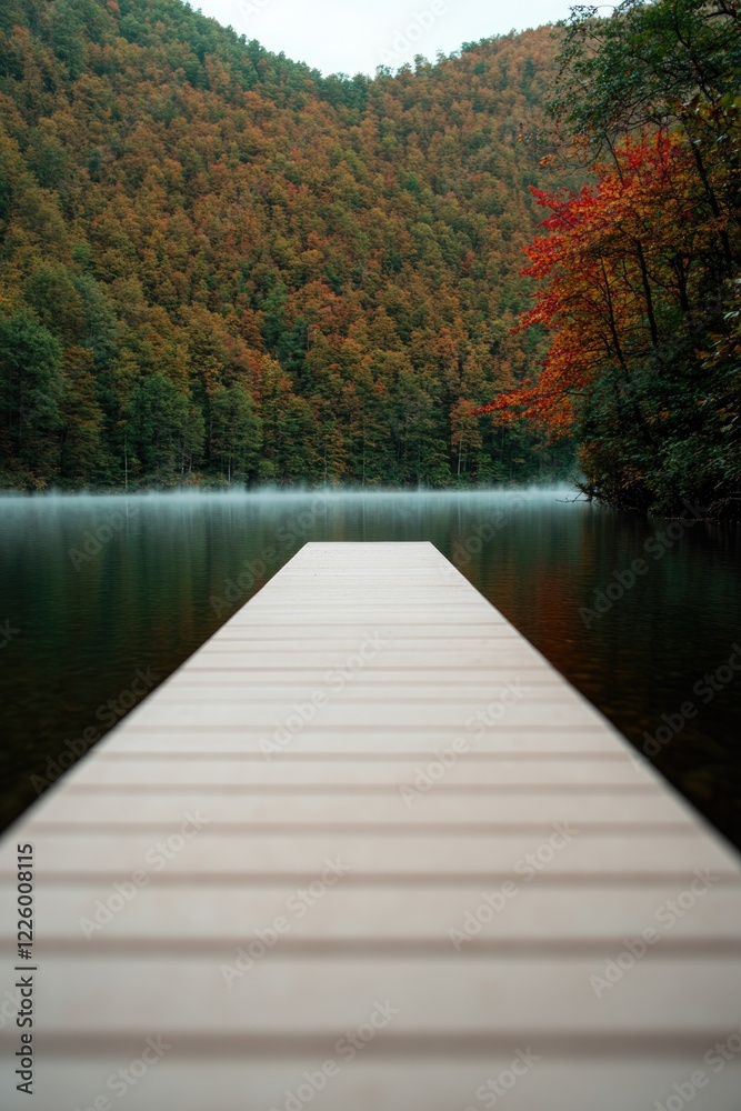 small wooden pier extending into calm lake surrounded by autumnal trees with vibrant orange and red leaves small wooden pier extending into calm lake surrounded by autumnal trees with vibrant orange and red leaves