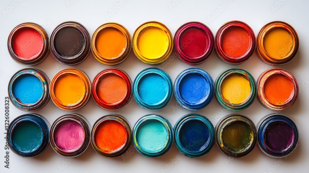 Colorful Array of Mini Paint Tins Creating a Vibrant Grid Pattern for Artistic Inspiration Colorful Array of Mini Paint Tins Creating a Vibrant Grid Pattern for Artistic Inspiration