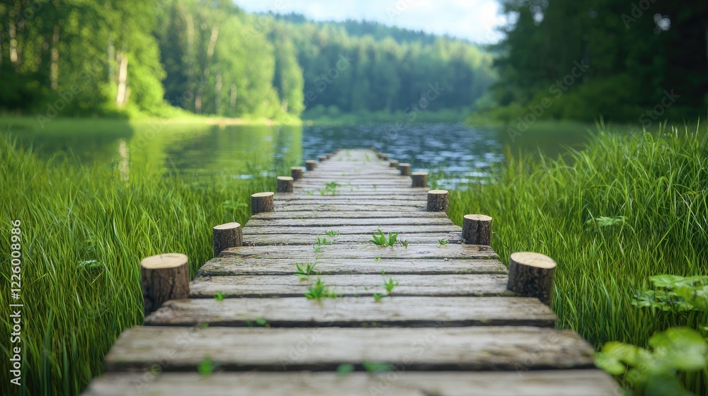 Obraz premium Wooden dock extends into a calm lake surrounded by lush green forest during a bright summer day.