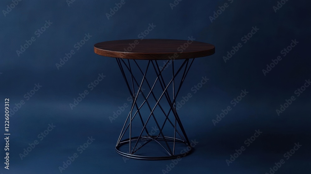 A compact industrial side table with a wireframe metal base and a dark oak surface on a navy blue background. A compact industrial side table with a wireframe metal base and a dark oak surface on a navy blue background.
