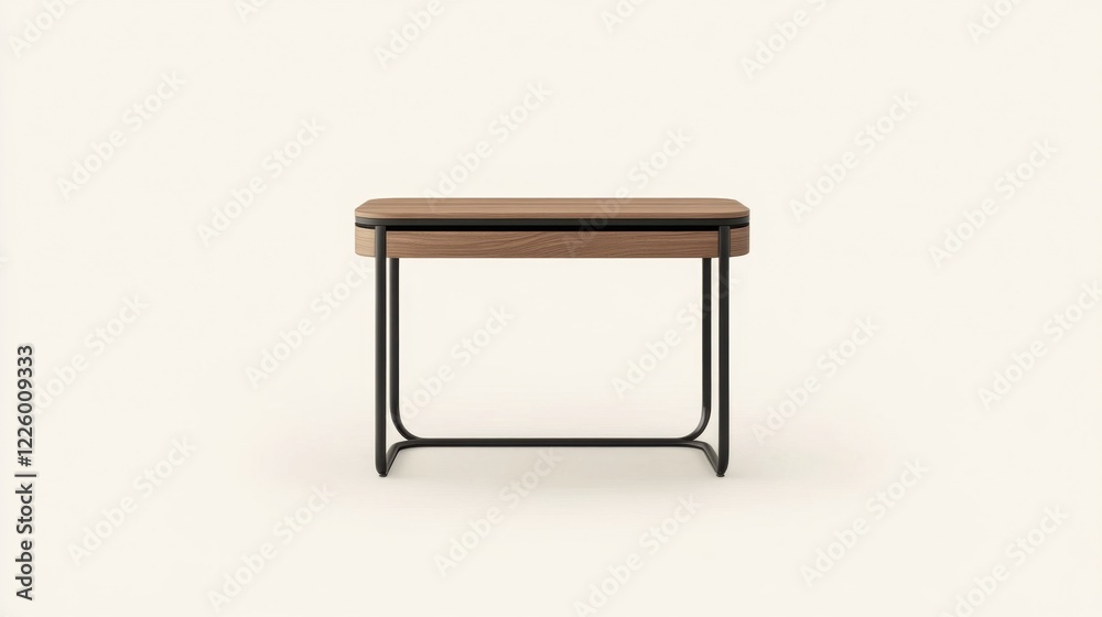 A compact industrial writing desk with a sleek metal frame and wooden surface, set against a cream background. A compact industrial writing desk with a sleek metal frame and wooden surface, set against a cream background.