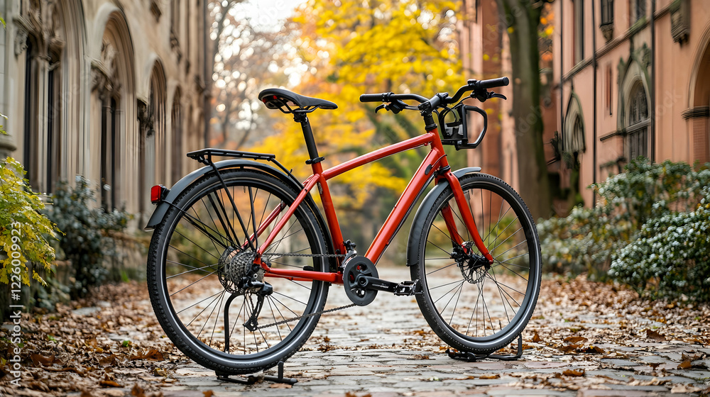 Red hybrid bike parked on autumn city street Red hybrid bike parked on autumn city street